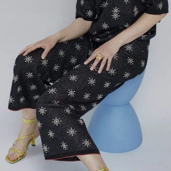 ZARA Black and Blue Metallic Knit Nautical Print Wide Leg Pants | Size Small - Picture 1 of 16